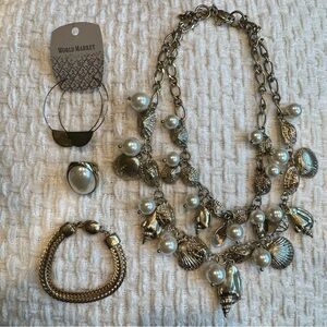 Cost Plus World Market Silver and Gold Necklace with Charm Design pearls earring